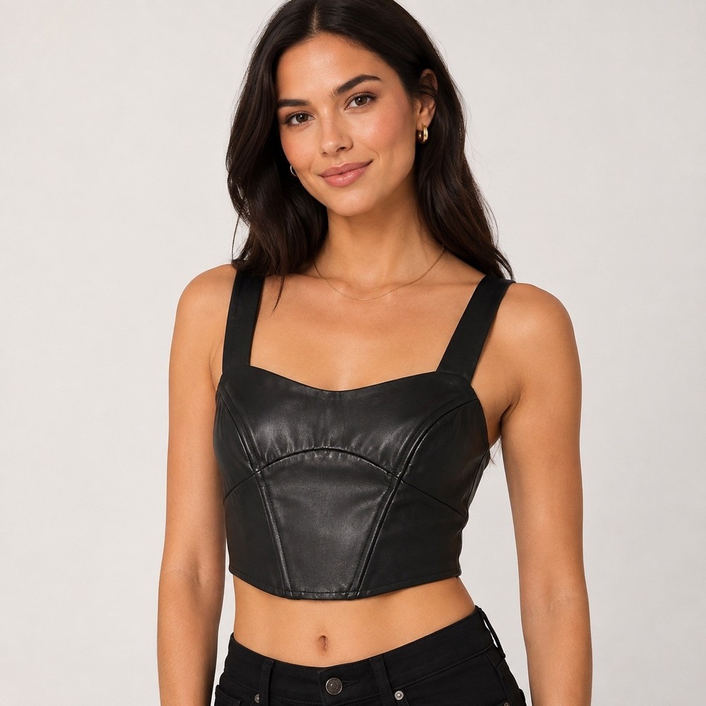 Y2K Streetwear Edgy Goth Grunge Black Faux Leather Corset Crop Top Concert NEW